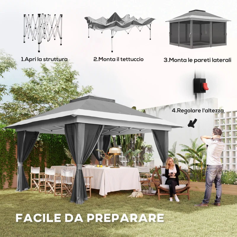Outsunny Gazebo Pieghevole 3.6x3.6 m con Pareti, Altezza Regolabile e Protezione UPF50+, Borsa con Ruote, Grigio