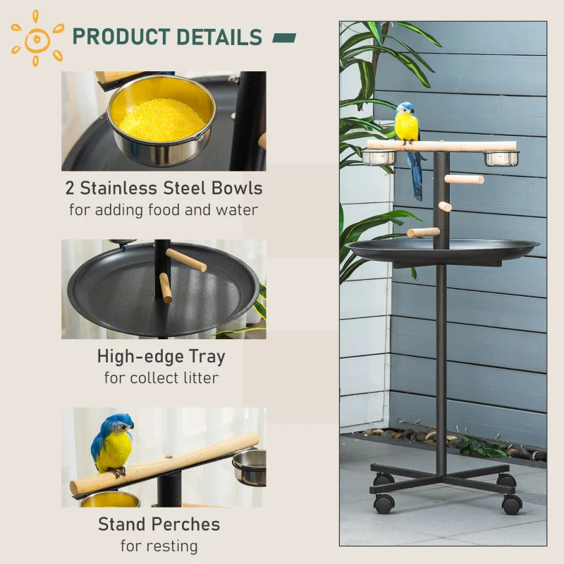 PawHut Parrot Perch Stand, Large Bird Play Stand, Metal Bird Table Feeder Station with Stainless Steel Bowls, Four Wheels, Round Tray, Black