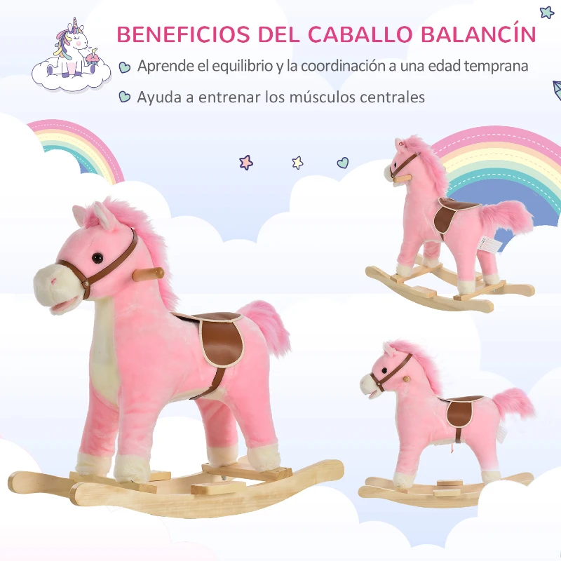 HOMCOM Juguete Balancín de Felpa Suave con Música Relinchos Sonidos de Galope Boca y Cola Móviles 65x32,5x61 cm Rosa(m-7)