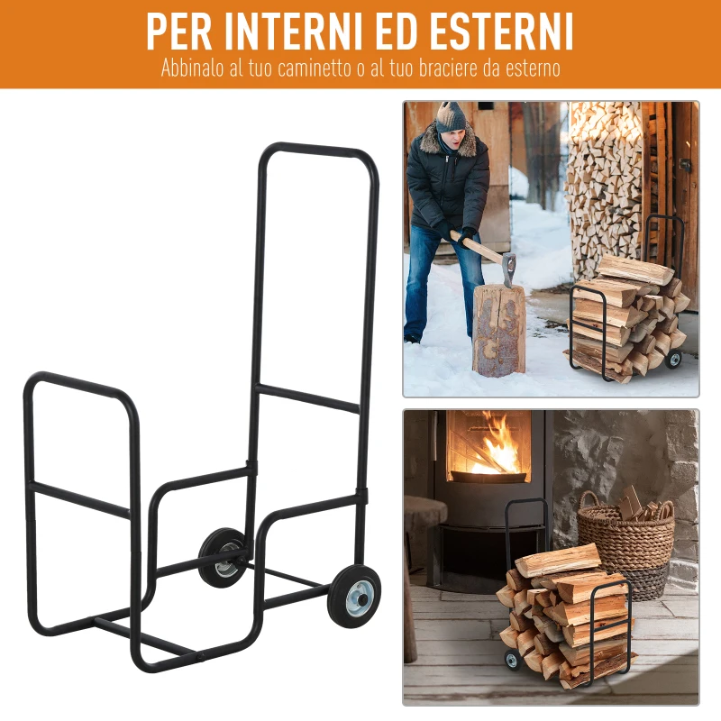 Outsunny Carrello Portalegna in Metallo Nero con 2 Ruote per Interno ed Esterno, Max. 30kg, 56x40x90.5cm