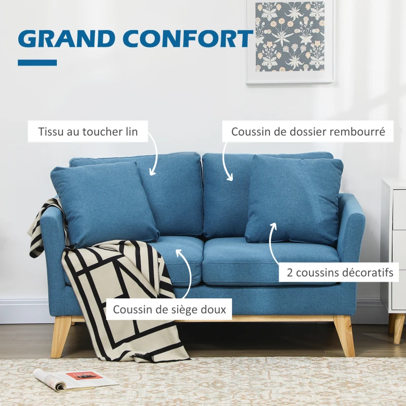HOMCOM Canapé 2 places fauteuil salon design scandinave pieds en bois massif tissu imitaion lin 137 x 78 x 78 cm bleu