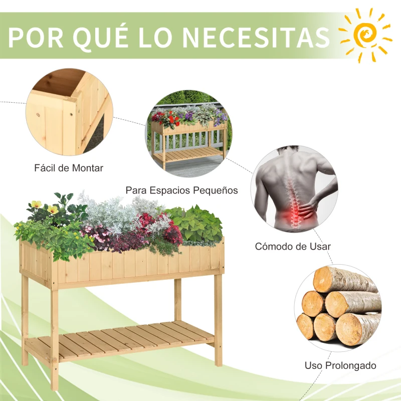Outsunny Huerto Urbano de Madera 120x60x81 cm Jardinera Elevada para Cultivo de Plantas Flores Mesa de Cultivo con Estante Inferior para Jardín Terraza Exterior Natural