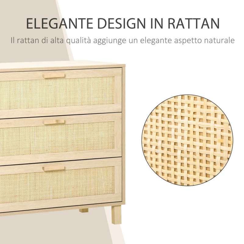HOMCOM Cassettiera a 3 Cassetti in Legno e Rattan Stile Boho Chic, 80x40x80cm