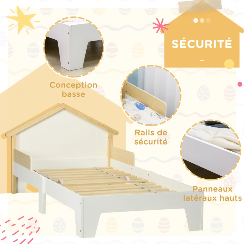 HOMCOM Lit pour enfant - structure lit avec tête de lit maison et sommier à lattes Inclus - 90 x 190 cm- pin massif blanc