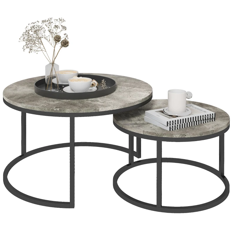 HOMCOM Salontafel-Set, 2 Ronde Tafels, Industrieel Ontwerp, Metalen Frame, Marmerlook/Grijs