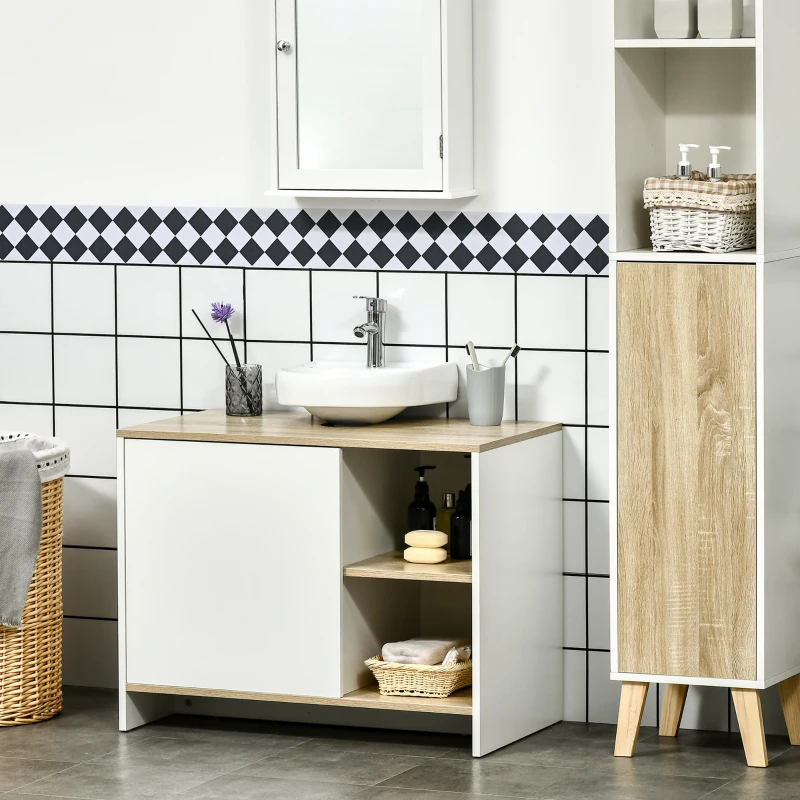 kleankin Mobile Bagno Sottolavabo con Armadietto e 2 Mensole in Legno, 77x45x60 cm, Bianco e Legno