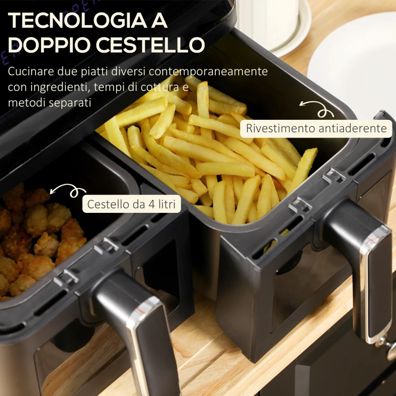 HOMCOM Friggitrice ad Aria con 2 Cestelli Indipendenti e 8 Menù, in Acciaio e PP, 38.5x38x30.5 cm, Nero