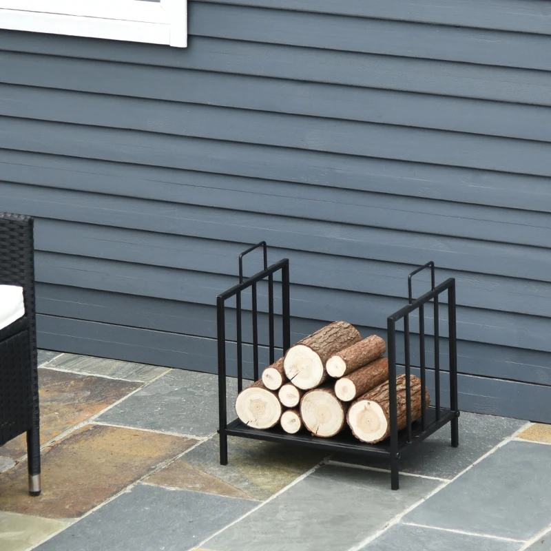 Outsunny Estante de Leña para Chimenea 44,5x33x46,5 cm Tradicional Leñero Interior y Exterior Almacenaje para Madera Soporte para Leña con Asas Diseño Elevado Negro