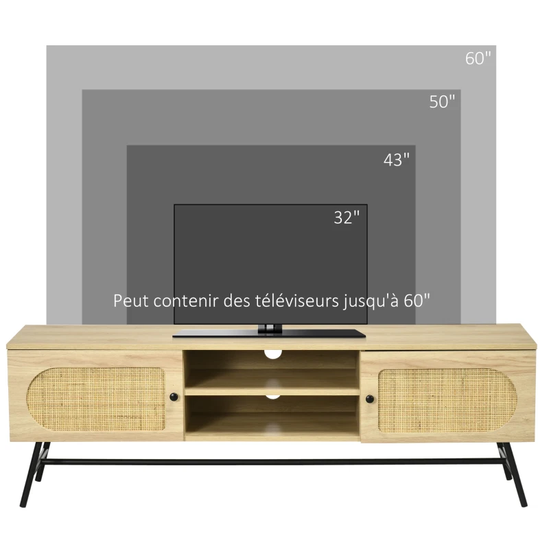 HOMCOM Meuble TV 2 portes cannage en rotin 2 niches avec 2 passe-câbles - pieds métal noir 150 x 39 x 48,3 cm naturel