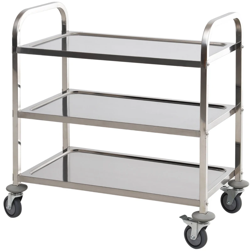 HOMCOM Carrello da Cucina 3 Ripiani Aperti 4 Ruote Omnidirezionali con 2 Freni Cuscinetti Anti-Collisione in Acciaio Inossidabile 430 Argento 90.5x50.5x88.2cm