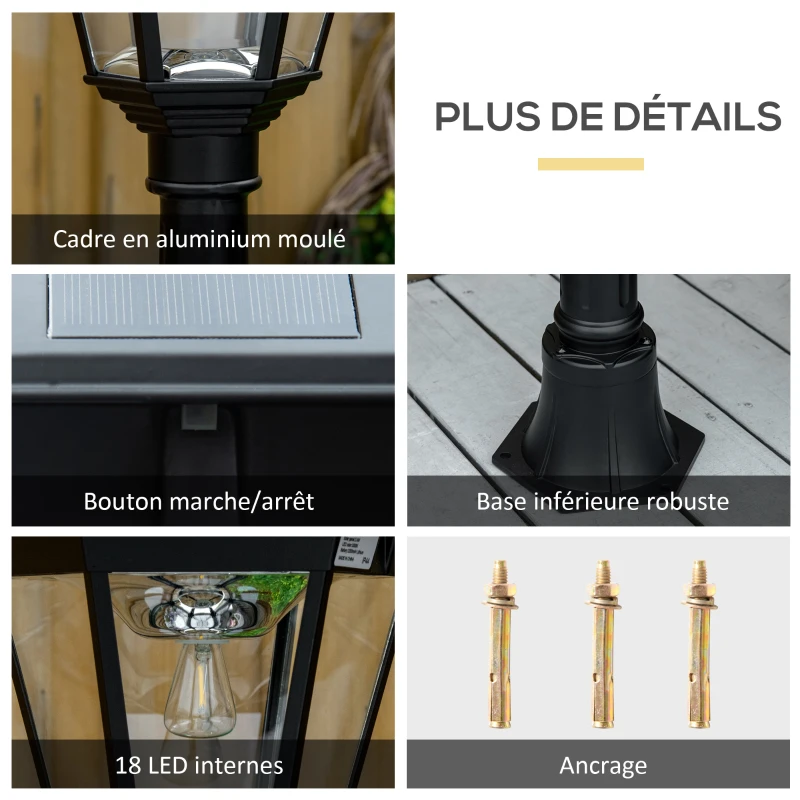 Outsunny Luminaire solaire extérieur lampadaire sur pied lampadaire classique LED en aluminium étanche ;uminosité réglable