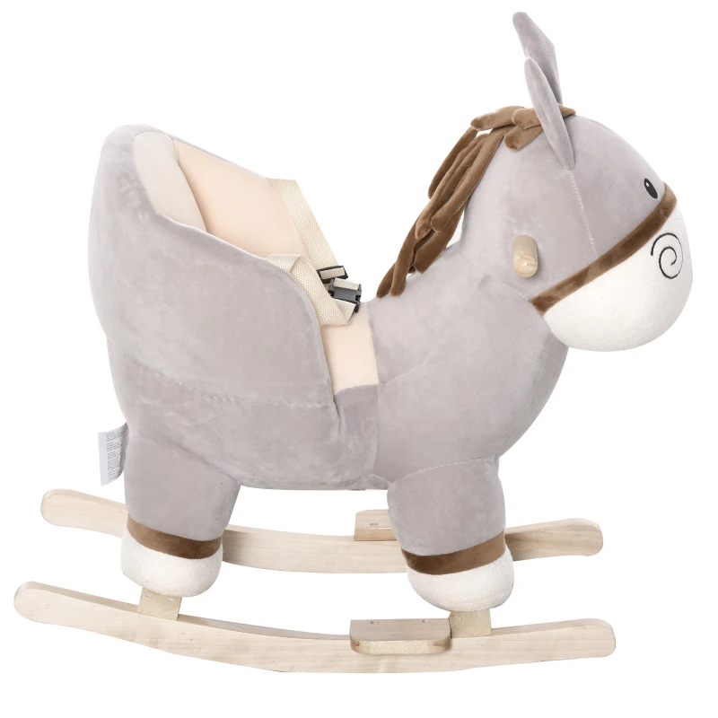 HOMCOM Cheval à Bascule modèle âne Fonction Musicale Selle Grand Confort Peluche Courte Douce Bois peuplier Gris dim. 61L x 34l x 58H cm