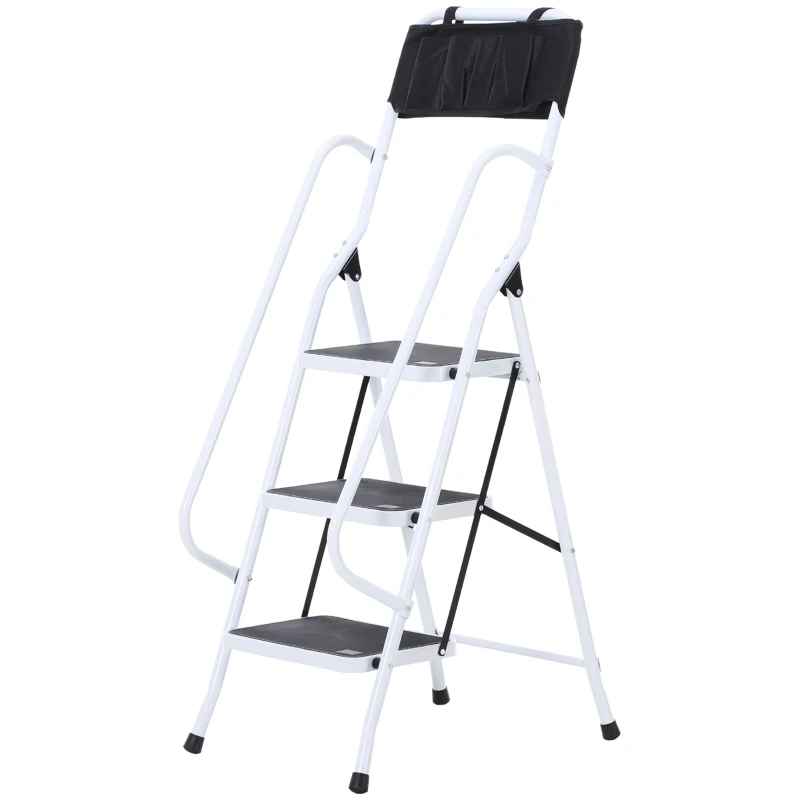 HOMCOM Escabeau pliable 3 marches XL antidérapantes double garde corps hauteur max. 1,31 m charge max. 150 Kg pochette outils intégrée acier blanc noir