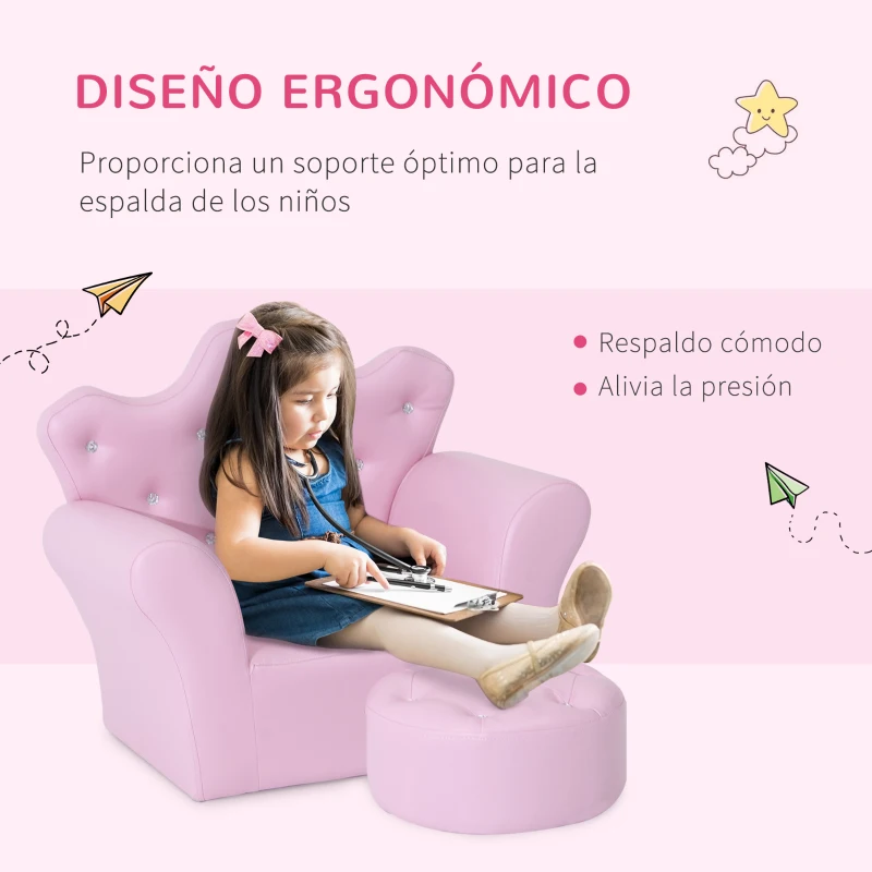 HOMCOM Sofá para Niños con Reposapiés Sillón Infantil Decorativo con Respaldo Alto en Forma de Corona y Reposabrazos Acolchado 58x40,5x49 cm Rosa