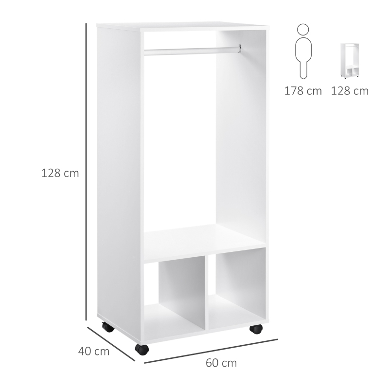 HOMCOM Armoire penderie étagère 2 niches penderie 4 roulettes pivotantes dim. 60L x 40l x 128H cm Coloris Blanc