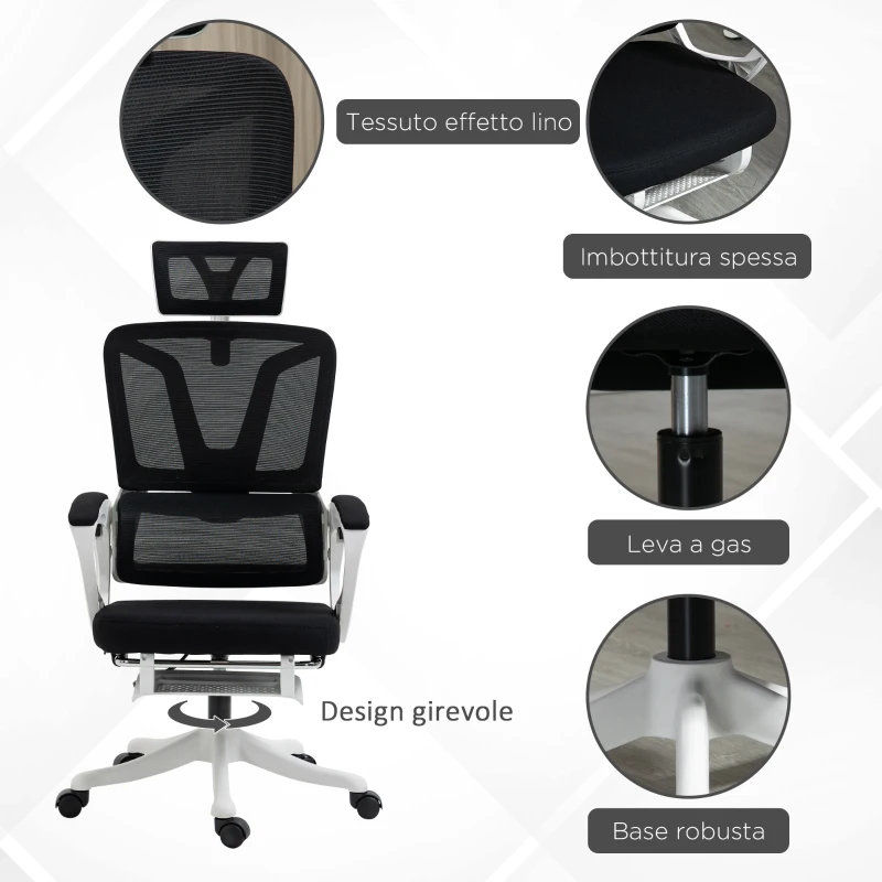 Vinsetto Sedia da Ufficio Ergonomica ad Altezza Regolabile con Poggiapiedi e Poggiatesta, 66x58x110-118 cm, Nero