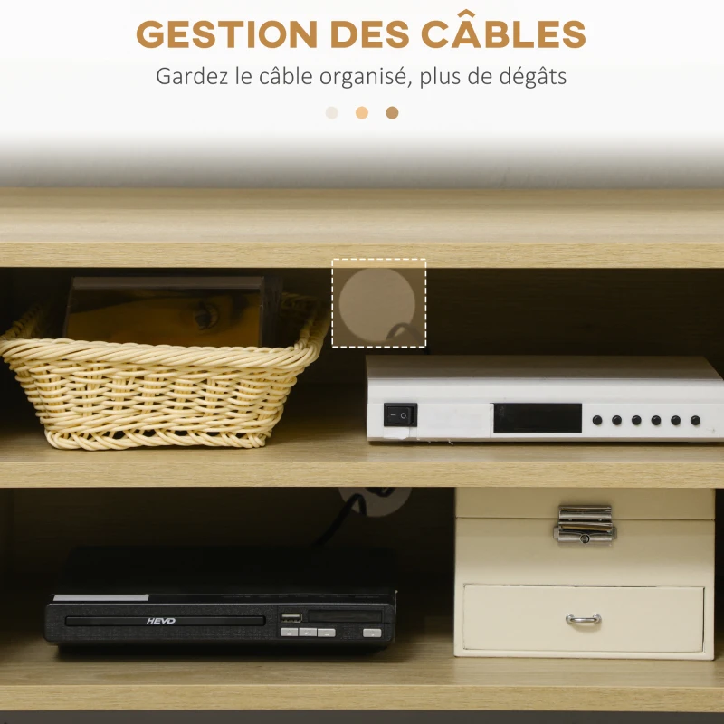 HOMCOM Meuble TV 2 portes cannage en rotin 2 niches avec 2 passe-câbles - pieds métal noir 150 x 39 x 48,3 cm naturel