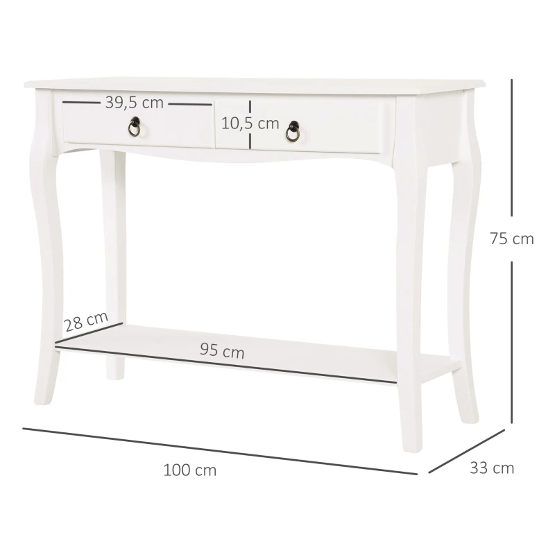 HOMCOM Mesa Consola Aparador Salón Comedor Mueble Recibidor Mesa Auxiliar con Cajones y Estante Diseño Elegante 100x33x75cm Madera Color Blanco Brillo(m-3)