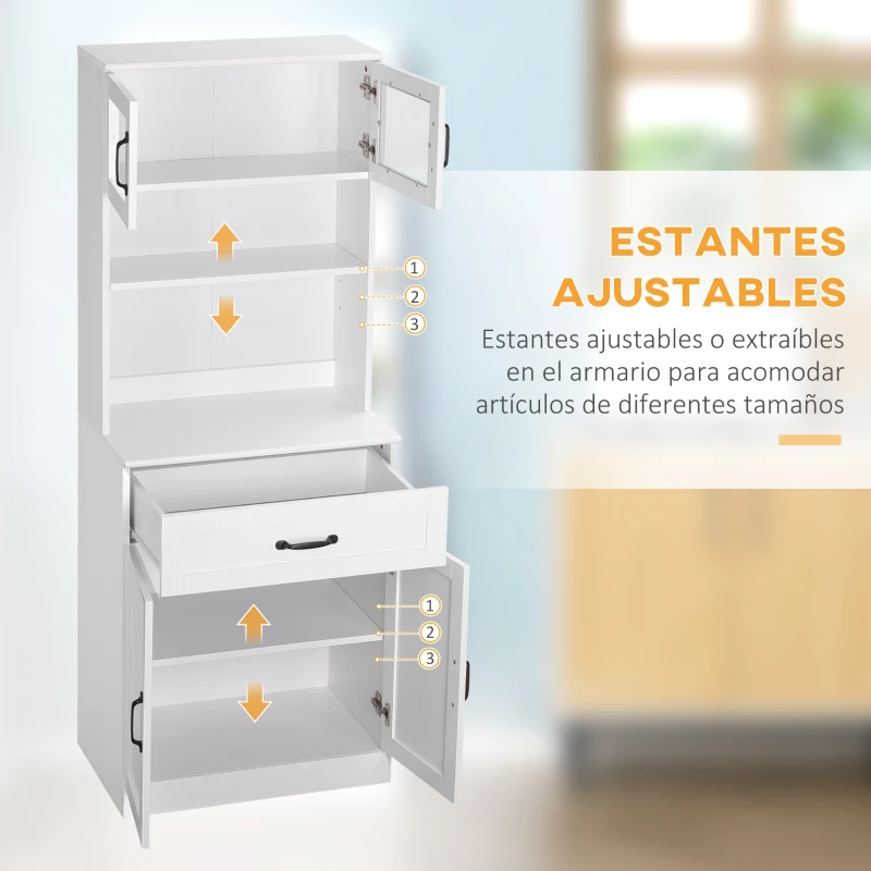 HOMCOM Alacena de Cocina Mueble Buffet de Cocina con 4 Puertas Cajón y Estantes Ajustables para Comedor 60x38x161 cm Blanco(m-5)