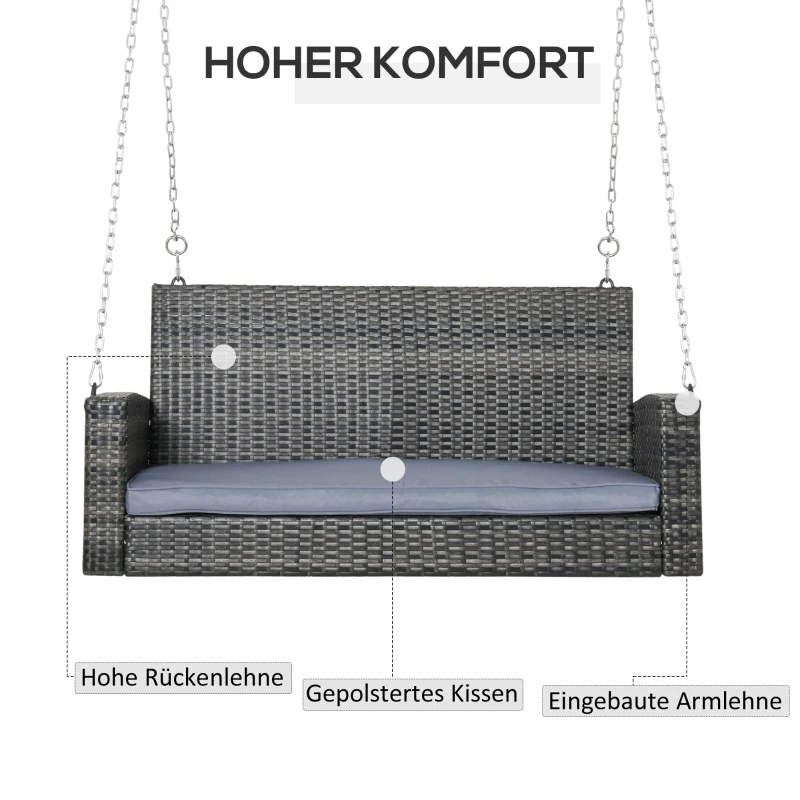 Outsunny Hängebank 2-Sitzer Rattan Gartenschaukel mit Sitzkissen Hängeschaukel Hollywoodschaukel Schaukelbank Gartenbank Grau 127 x 65 x 60 cm