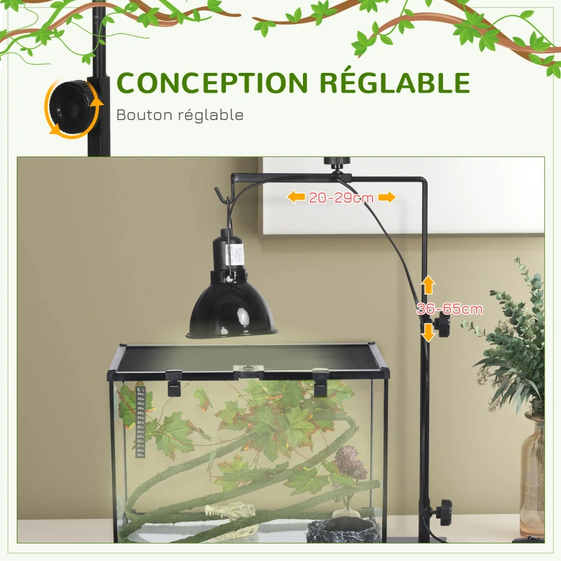 PawHut Support de lampe chauffante pour reptiles hauteur et largeur réglables pour amphibiens base en acier 32 x 9 x 67 cm noir