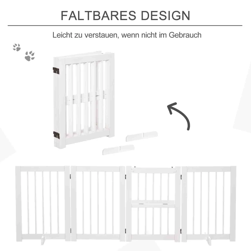 PawHut Hunde Absperrgitter Türschutzgitter mit 2 Stützfüßen, klappbares Schutzgitter mit Konfigurationsgitter, umkehrbarer Tür, 4 Stücke, Kiefernholz Weiß 215 x 38 x 75 cm