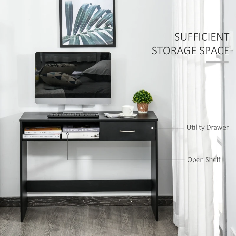 HOMCOM Compact Computer Desk, Study Table with Drawer and Storage Compartment, Writing Workstation, Black