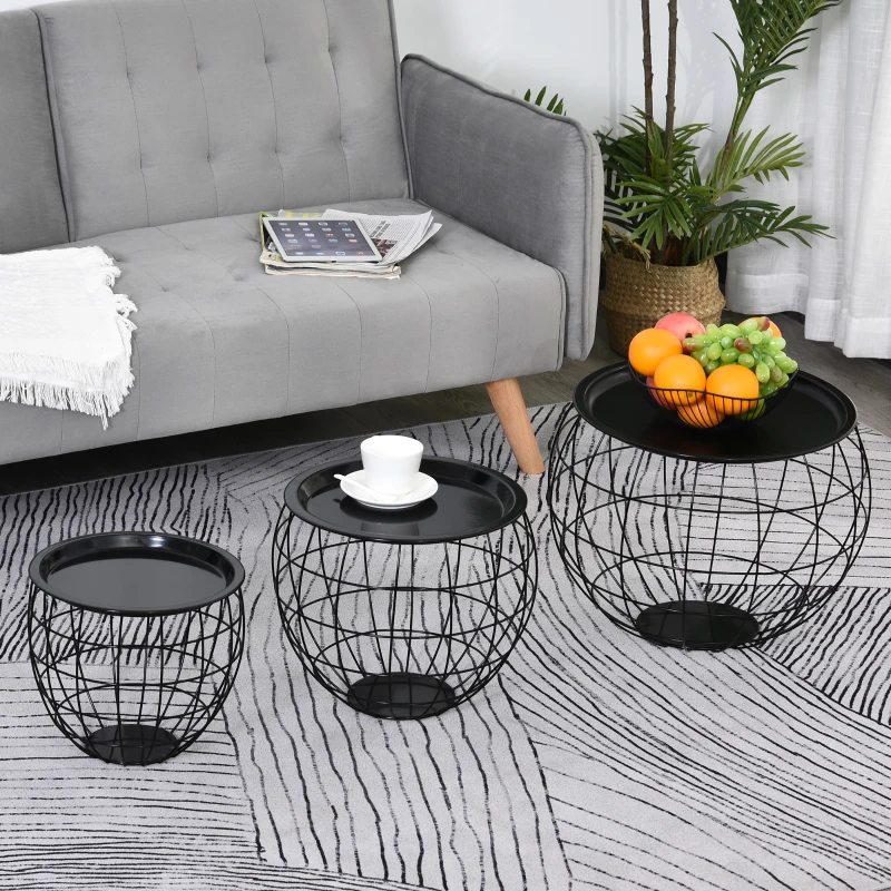 HOMCOM Set 3 Tavolini da Caffè Rotondi con Funzione Contenitore, Design a Griglia in Acciaio Nero, per Salotto o Ufficio