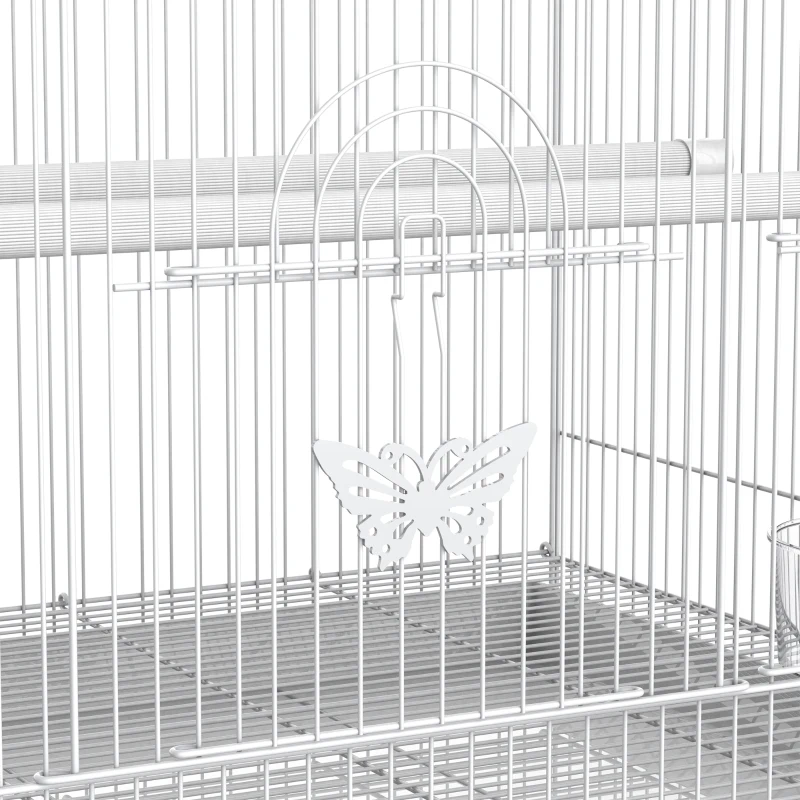 PawHut Jaula para Pájaros 60x41x41 cm Pajarera de Metal con Comederos 2 Perchas 3 Puertas y Asa de Transporte para Pájaros Pequeños Canarios Cotorras Blanco