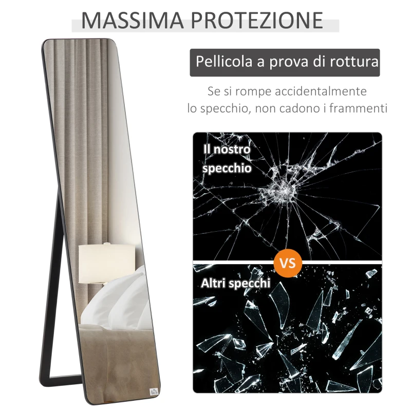 HOMCOM Specchio da Terra e da Parete con Struttura in Legno e Supporto Pieghevole, 37x43x156cm, Nero