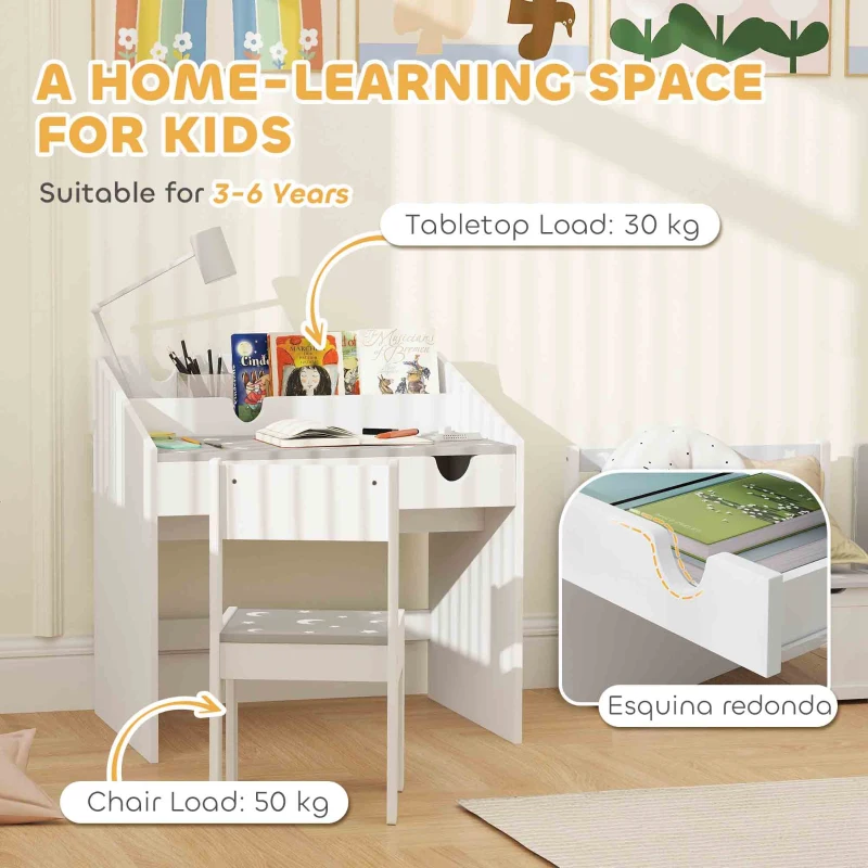 AIYAPLAY Children Study Table and Chair, Kids Desk and Chair Set with Storage, Pull-Out Drawer, for Ages 3-6 Years, Grey