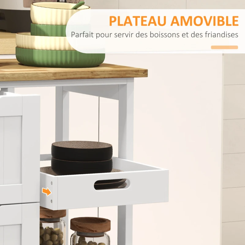 HOMCOM Chariot desserte de cuisine à roulettes plan de travail en bois 3 tiroirs + 1 plateau amovible 67 x 37 x 85,5 cm blanc