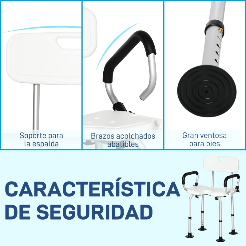HOMCOM Silla para Ducha Taburete de Ducha Antideslizante con Altura Ajustable y Apoyabrazos Regulable Carga 136 kg