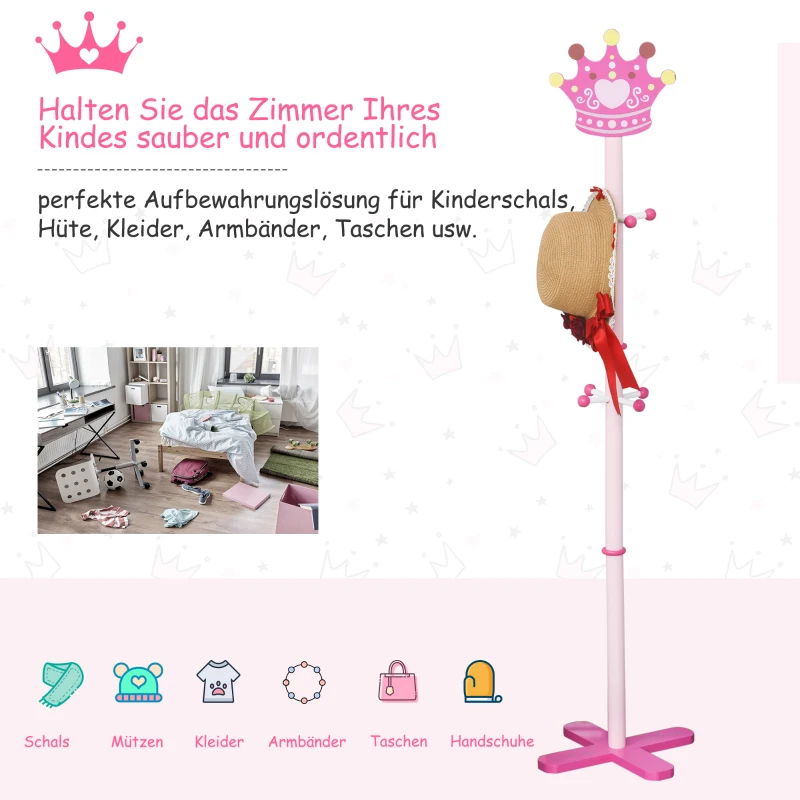 HOMCOM Kindergarderobe aus Holz Kleiderständer mit Prinzessinnen-Motiv Garderobenständer mit Haken Kinderzimmer Standgarderobe für Kleinkind Mädchen Massivholz 35 x 35 x 142 cm