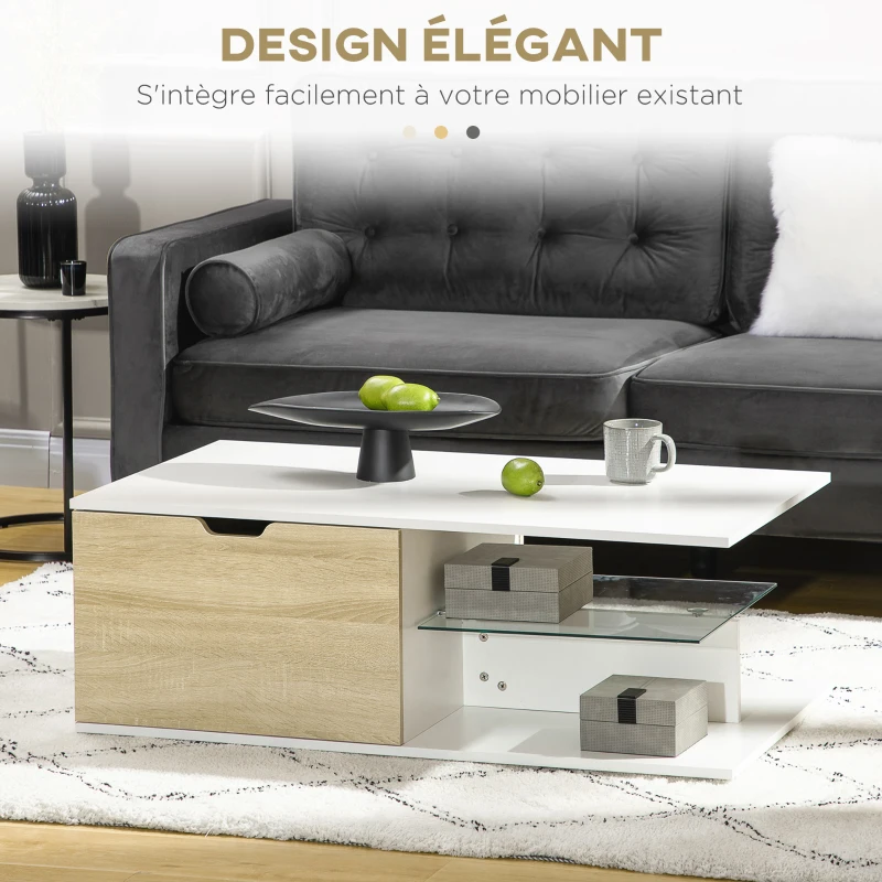 HOMCOM Table basse rectangulaire design contemporain 2 tiroirs 2 niches étagère verre trempé panneaux blanc aspect chêne clair