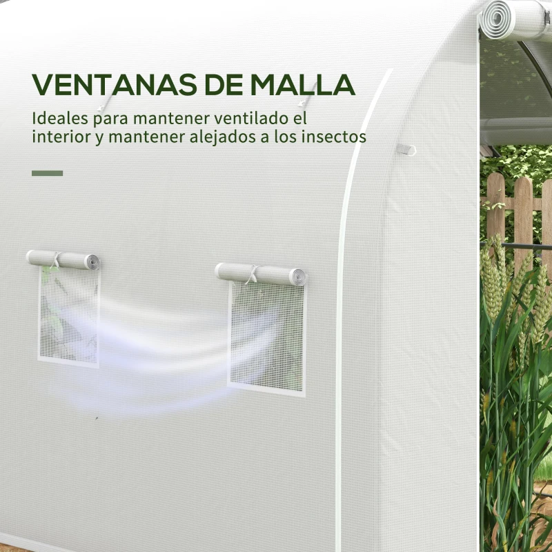 Outsunny Invernadero de Jardín 3x2x2 m con 3 Puertas y 6 Ventanas Enrollables Invernadero de Huerto con Techo de Redondo Blanco