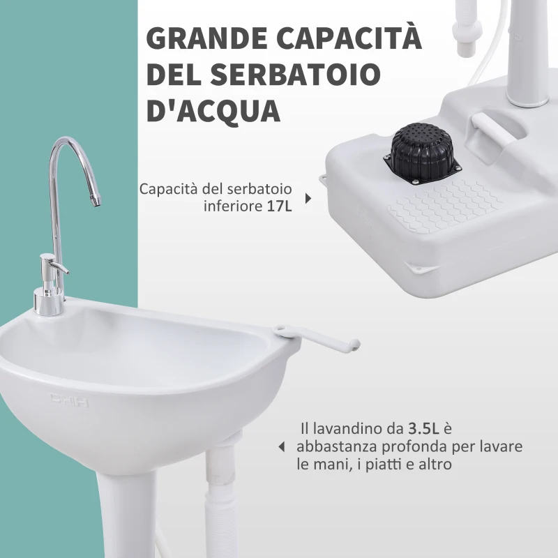 Outsunny Lavabo Portatile da Campeggio con 2 Ruote, Serbatoio Acqua 17L e Serbatoio Sapone 2.5L, 51x33.5x103cm