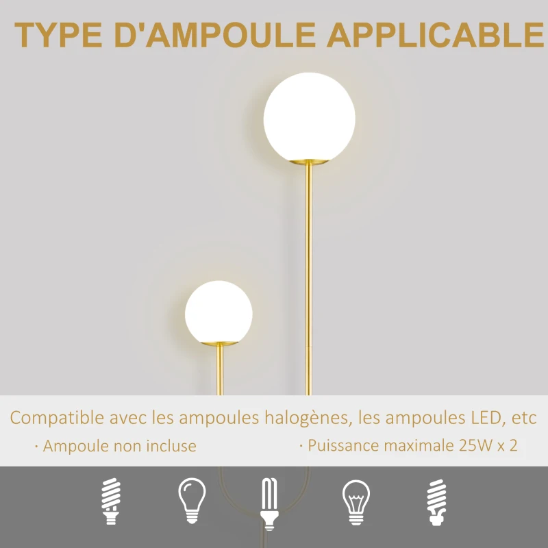 HOMCOM Lampadaire métal Lampadaire sur pied salon doré avec 2 Têtes abat-jours globe blanc verre dépoli - 25W - 33 x 25 x 155,5 cm