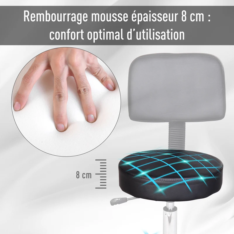 HOMCOM Tabouret massage a roulettes reglable en hauteur pivotant avec dossier ergonomique noir