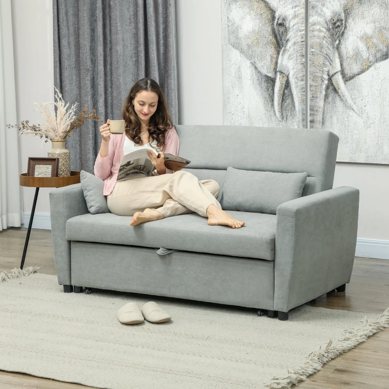 HOMCOM 2-Sitzer Sofa mit Bettfunktion, Verstellbarer Rückenlehne, Polstersofa, Samtoptik, für Wohnzimmer, Schlafzimmer, Hellgrau(m-2)