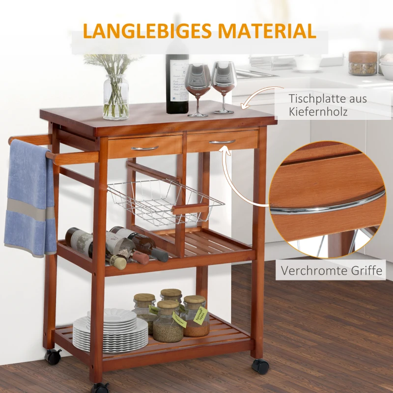 HOMCOM Küchenwagen, Servierwagen mit Weinregal, Rollwagen mit Arbeitsplatte, Korb, Handtuchhalter, Küchentrolley, Bestelltisch aus Kiefernholz, Natur 85 x 37 x 85cm