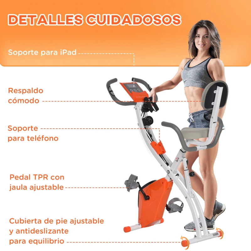 HOMCOM Bicicleta Estática Plegable Regulable en Altura Resistencia Magnética Ajustable Bici Estática con Pantalla LCD Asiento con Respaldo Sensor de Pulso Carga 120 kg para Casa 105x48x118 cm Naranja
