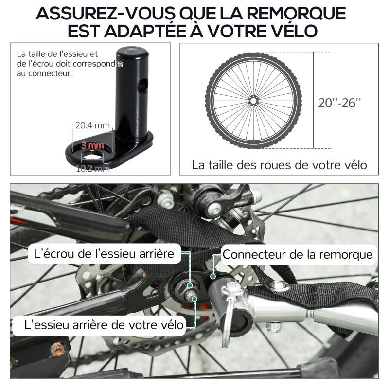 HOMCOM Remorque à vélo cargo en acier avec couvercle amovible et attelage 140 x 77 x 65 cm blanc et noir