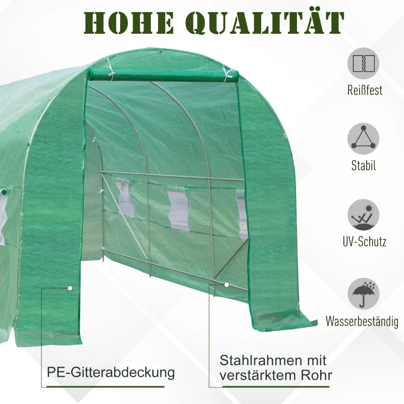 Outsunny Gewächshaus 445x190x200cm Foliengewächshaus Tomatenhaus Tür mit Moskitonetz, Fenster, Folientunnel aus verzinktem Stahl, stabiles Pflanztunnel, Treibhaus inkl. Erdanker Seilen, Grün