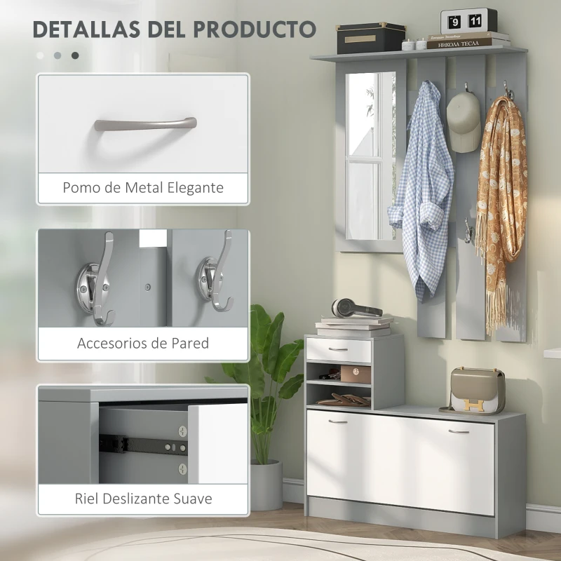 HOMCOM Recibidor de Entrada con Espejo Perchero y Zapatero Mueble de Recibidor de 2 Piezas con Ganchos Estantes y Cajón Gris(m-5)