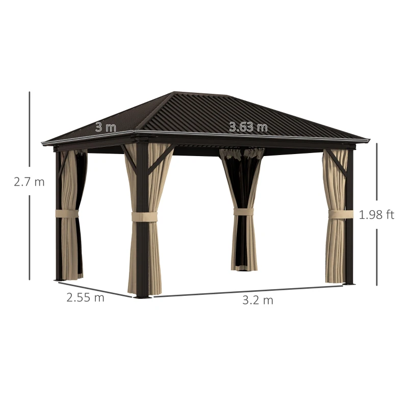 Outsunny 3 x 3.6m Outdoor Hardtop Gazebo Metal Roof Patio Gazebo with Aluminium Frame, Mesh Nettings, Curtains, & Roomy Interior Space, Brown