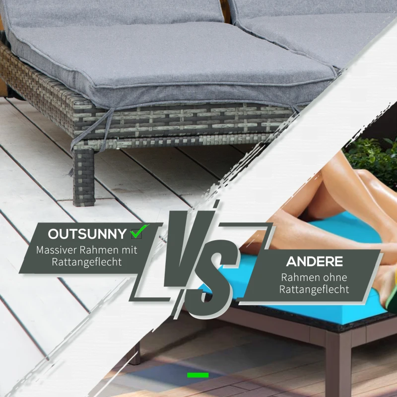 Outsunny Polyrattan Doppelliege Sonnenliege Gartenliege für 2 Personen Relaxliege Luxus Lounge 5-stufige Rückenlehne Metall PE Rattan Grau 196 x 120 x 28 cm