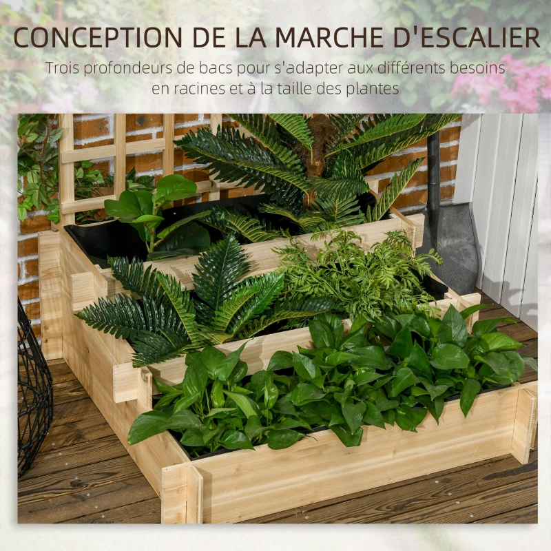 Outsunny Carré potager jardinière à 3 étages avec treillis lit surélevé en bois pour plantes grimpantes légumes fleurs naturel
