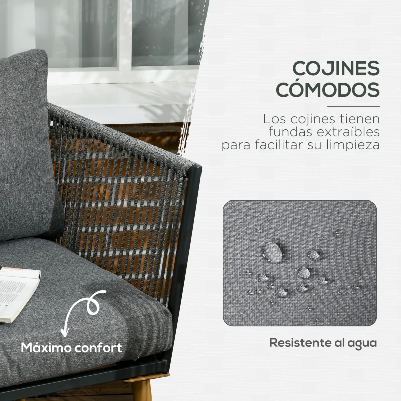 Outsunny Conjunto de Muebles de Jardín de Ratán Sintético con Sofá de 2 Plazas 2 Sillones y Mesa de Centro Gris