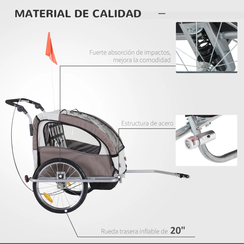 HOMCOM Remolque Infantil 2 Plazas para Bicicleta 2en1 Convertible en Carrito con Reflectores Cinturón 5 puntos Beige y Marrón